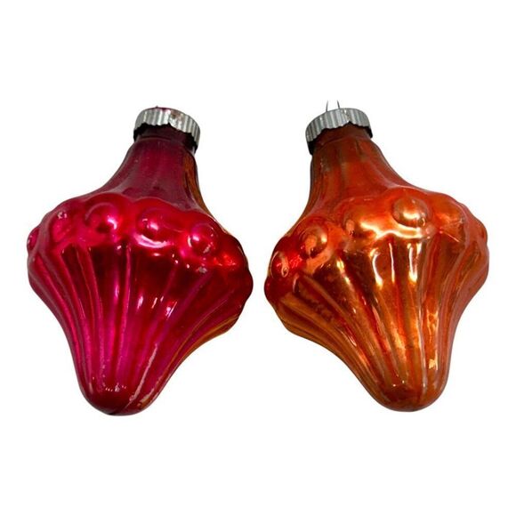 Vintage Shiny Brite Lantern UFO Ornaments Set Of 2 Spin Top Red Orange Glass - Picture 5 of 8